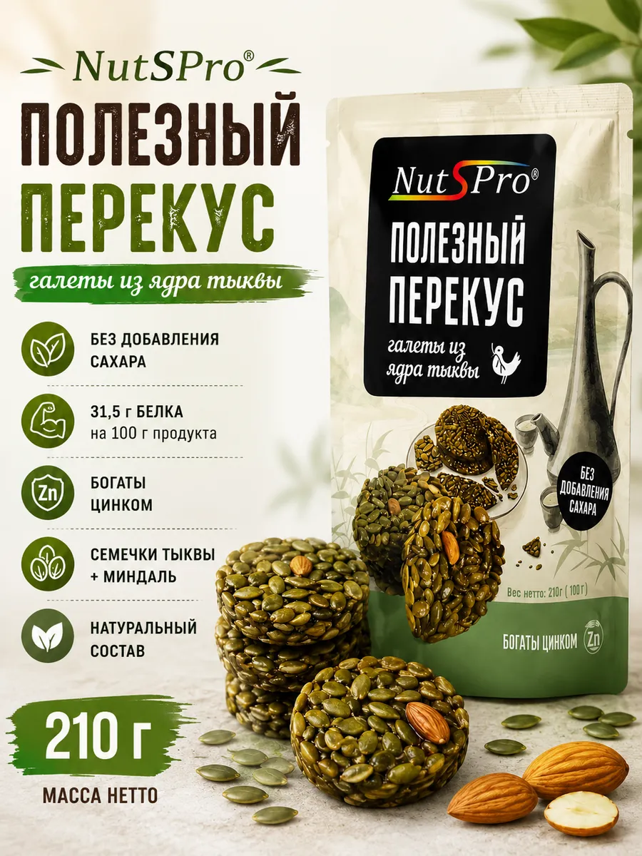 картинка Галеты из ядра ТЫКВЫ с миндалем, 210гр от интернет-магазина орехов и сухофруктов Нават